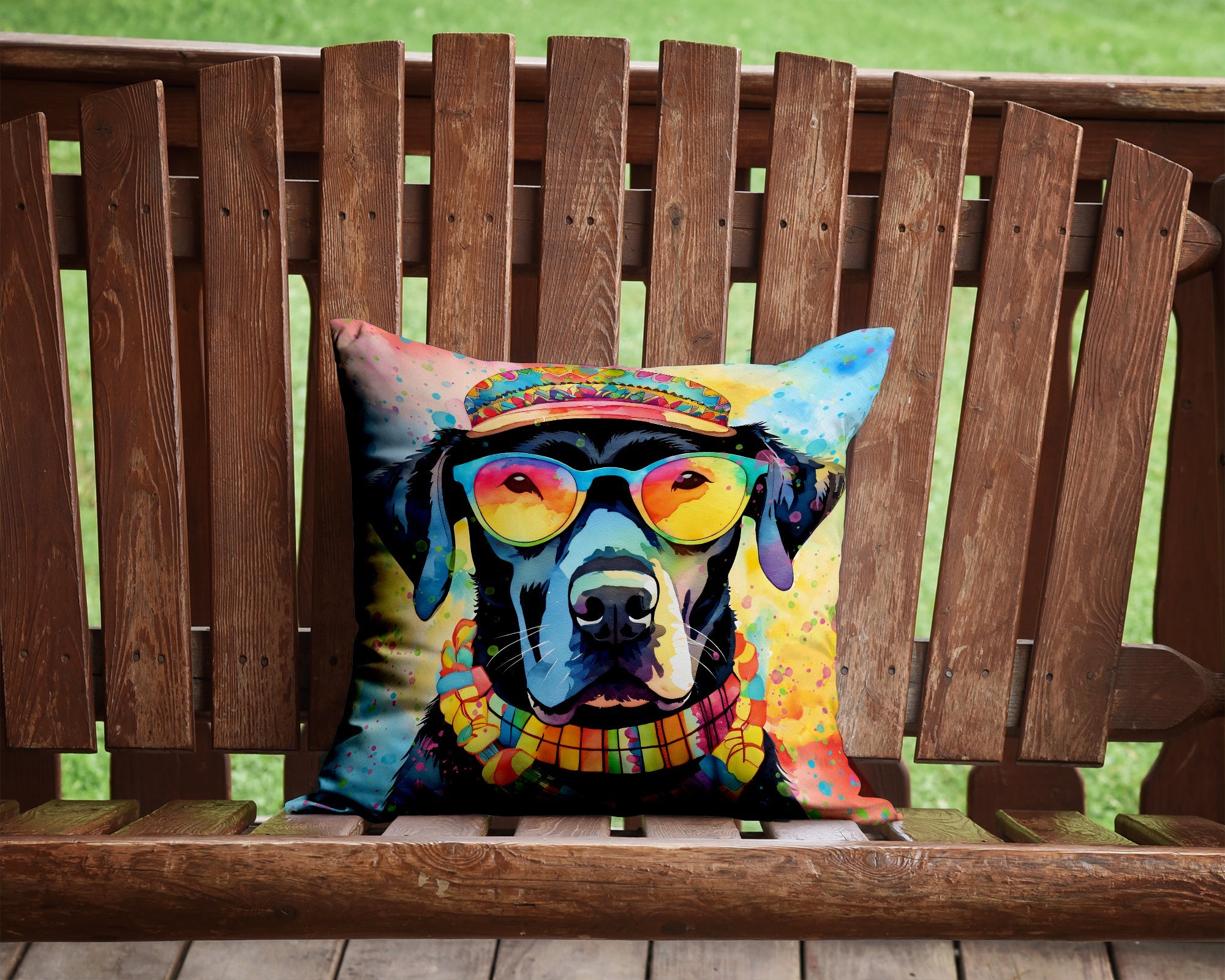 Black Labrador Hippie Dawg Decorative Throw Pillow 14x14 Indoor Outdoor Accent Cushion, Fabric Cover with Insert for Sofa, Bed, Porch & Living Room