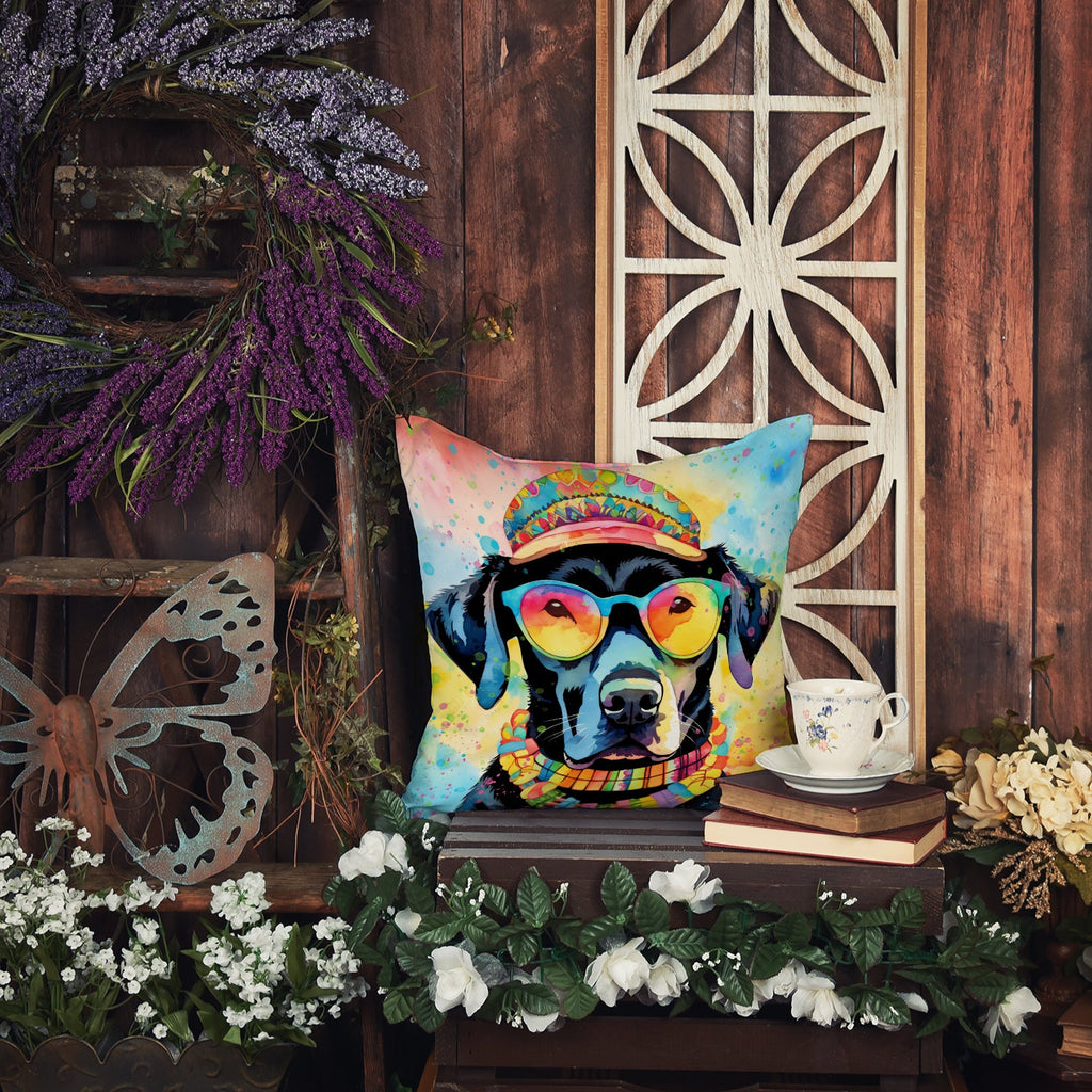 Black Labrador Hippie Dawg Decorative Throw Pillow 18x18 Indoor Outdoor Accent Cushion, Fabric Cover with Insert for Sofa, Bed, Porch & Living Room