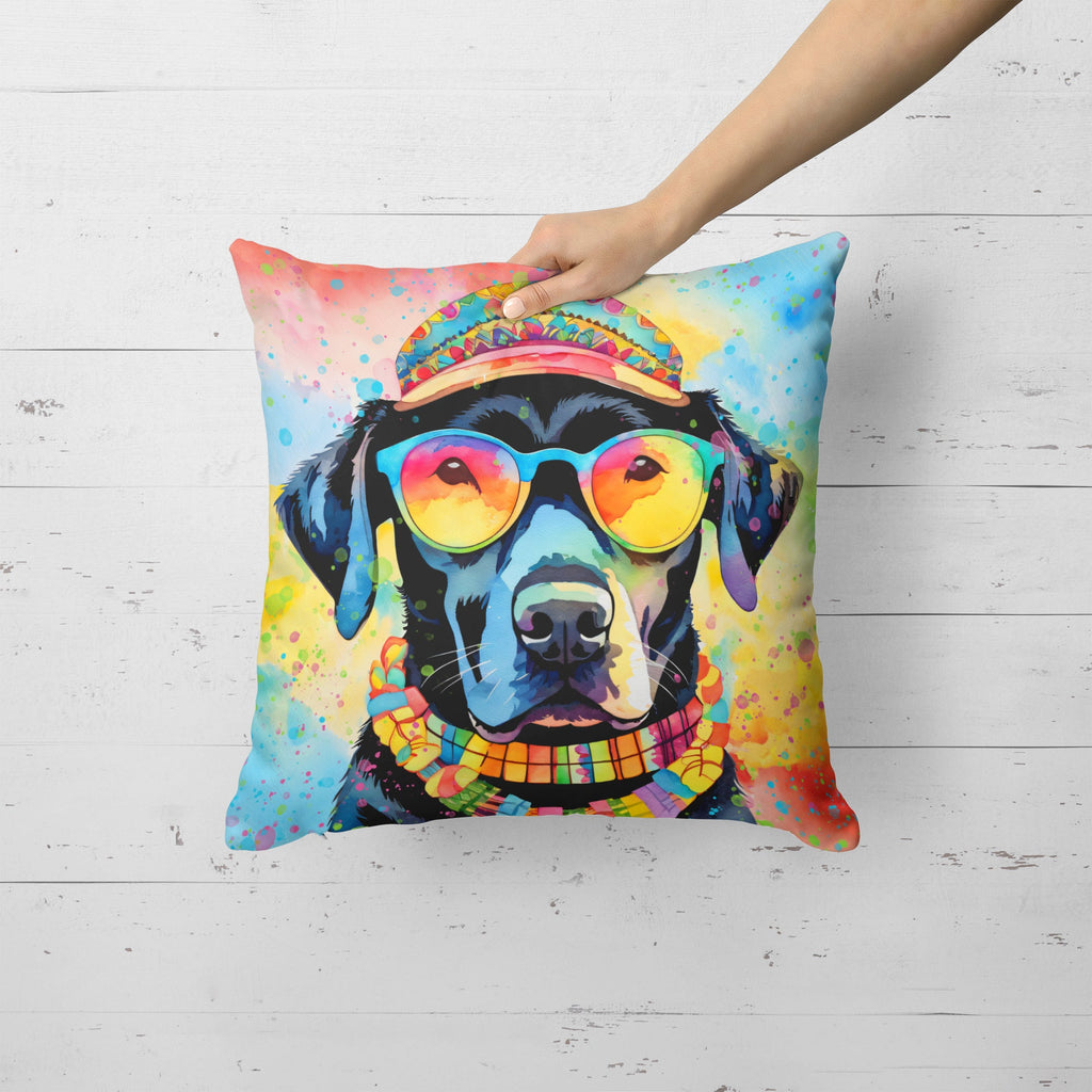 Black Labrador Hippie Dawg Decorative Throw Pillow 18x18 Indoor Outdoor Accent Cushion, Fabric Cover with Insert for Sofa, Bed, Porch & Living Room