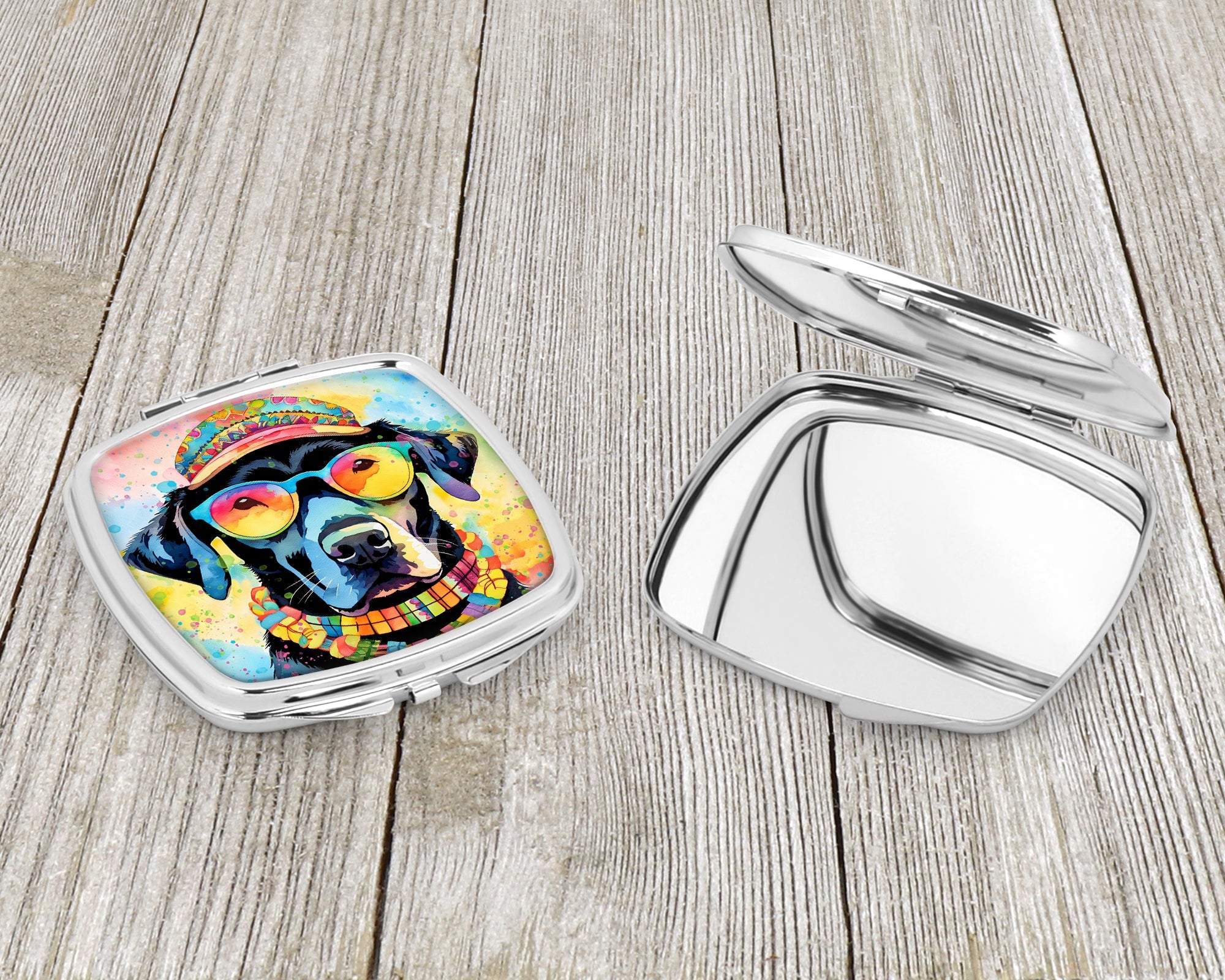 Black Labrador Hippie Dawg Compact Mirror Decorative Travel Makeup Mirror for Women Girls Gifts Pocket Makeup Mirror Folding Handheld