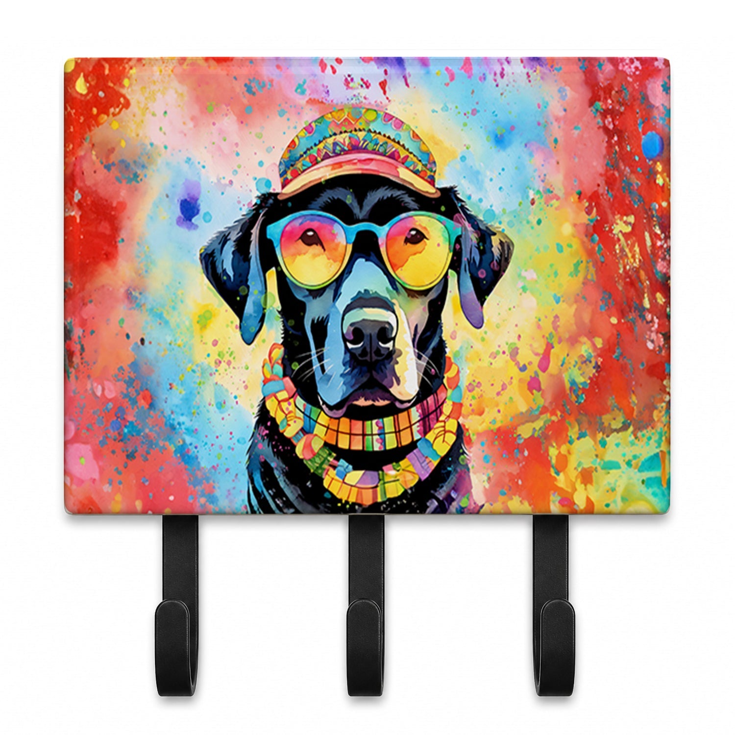 Black Labrador Hippie Dawg Leash or Key Holder Wall Hooks, Coat Rack Wall Mount, for Hanging Keys, Towels, Aprons, Leashes