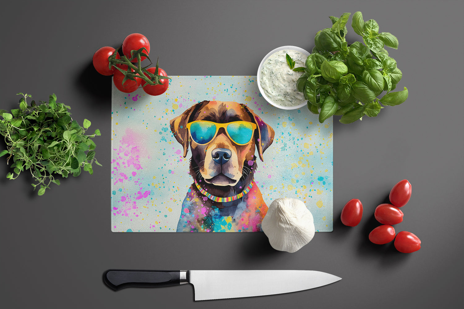 Chocolate Labrador Hippie Dawg Cutting Board Tempered Glass Kitchen Cutting Surface, Heat Resistant Chopping, Non-Slip Feet, Food Prep & Serving