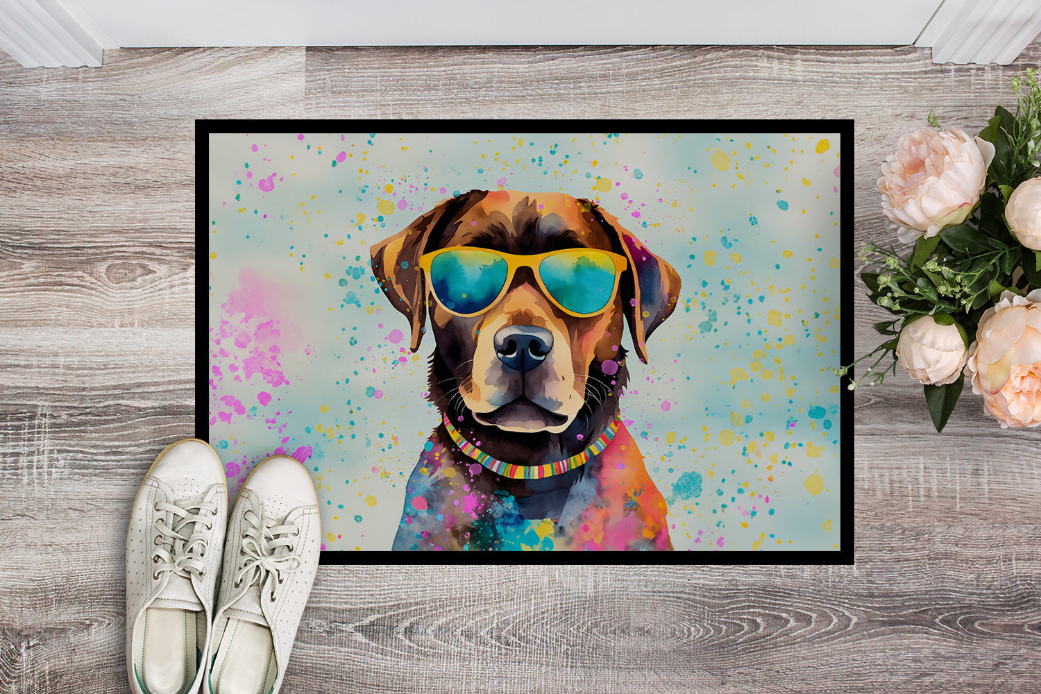 Chocolate Labrador Hippie Dawg Doormat Indoor Outdoor 18H X 27W Front Door Mat Rugs for Entryway, Non Slip Washable