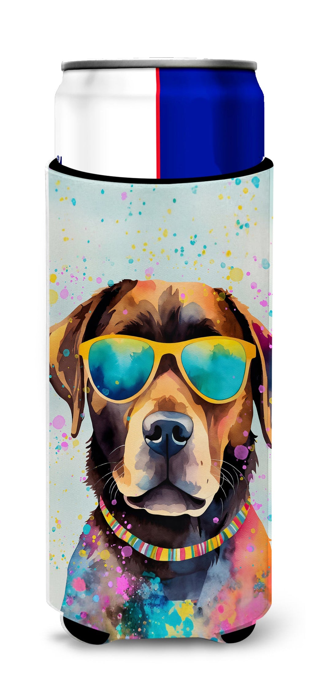 Chocolate Labrador Hippie Dawg Slim Can Hugger , Insulated Foam Hugger for 12 oz Slim Cans, Beer Bottles & Water Bottles, Printed in USA