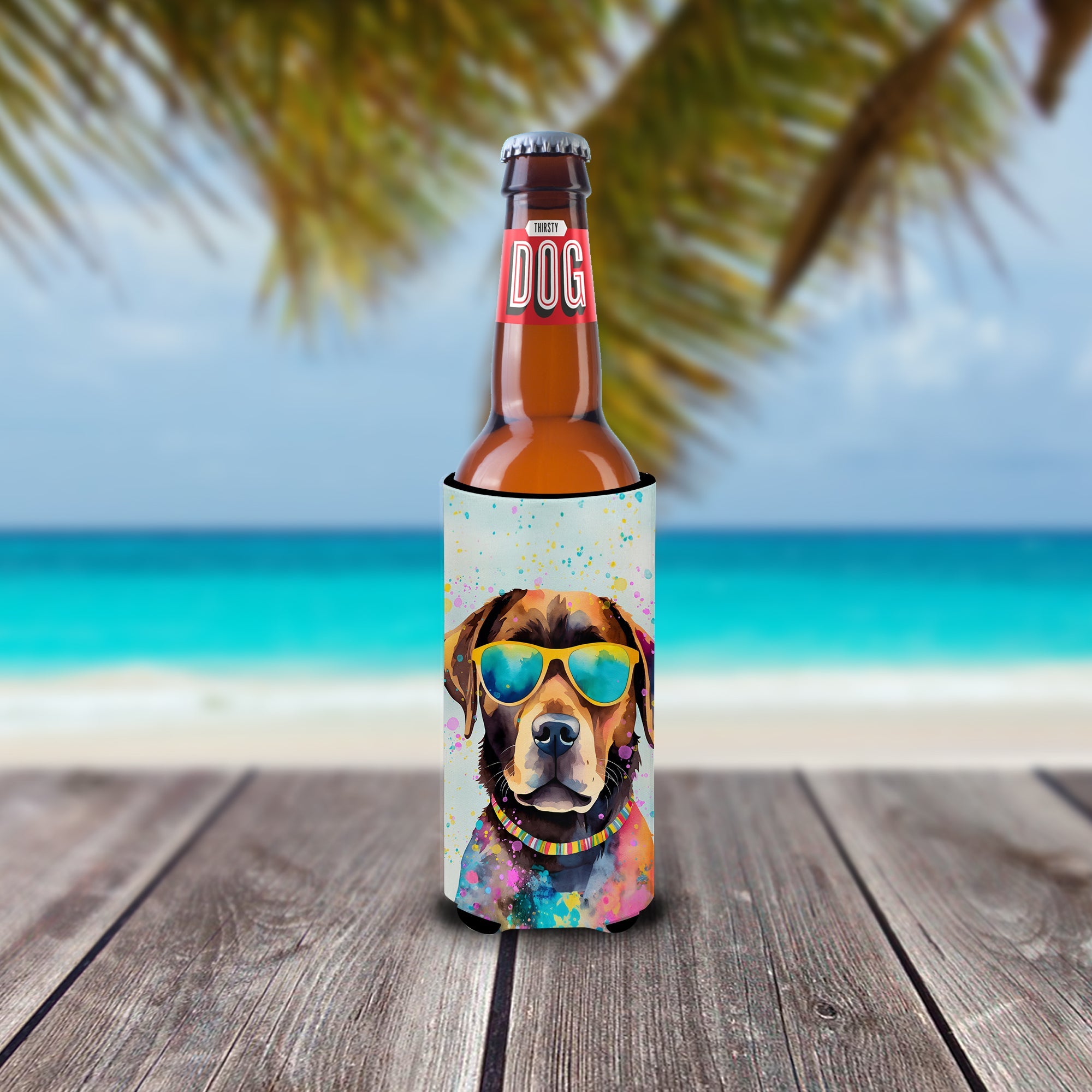 Chocolate Labrador Hippie Dawg Slim Can Hugger , Insulated Foam Hugger for 12 oz Slim Cans, Beer Bottles & Water Bottles, Printed in USA