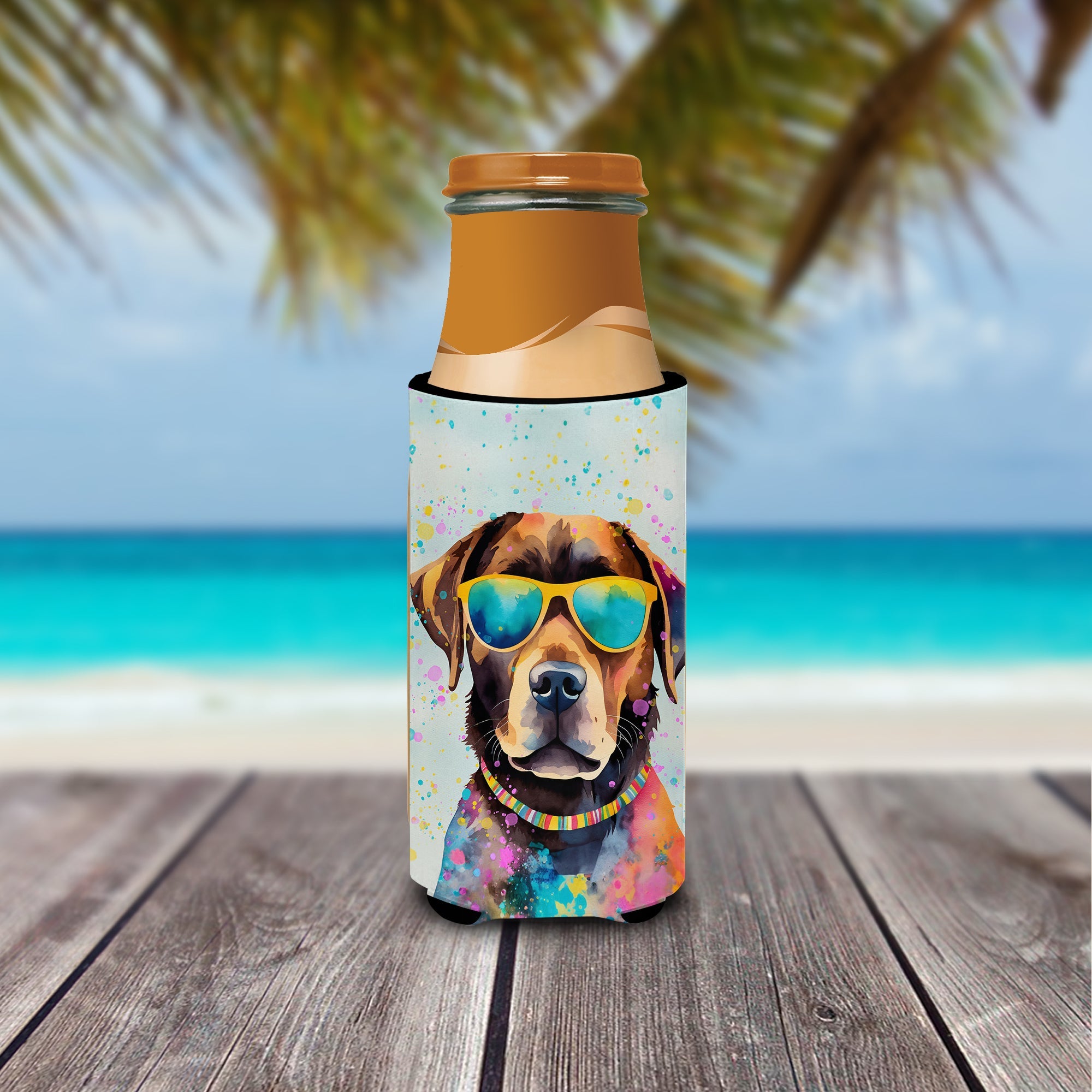 Chocolate Labrador Hippie Dawg Slim Can Hugger , Insulated Foam Hugger for 12 oz Slim Cans, Beer Bottles & Water Bottles, Printed in USA