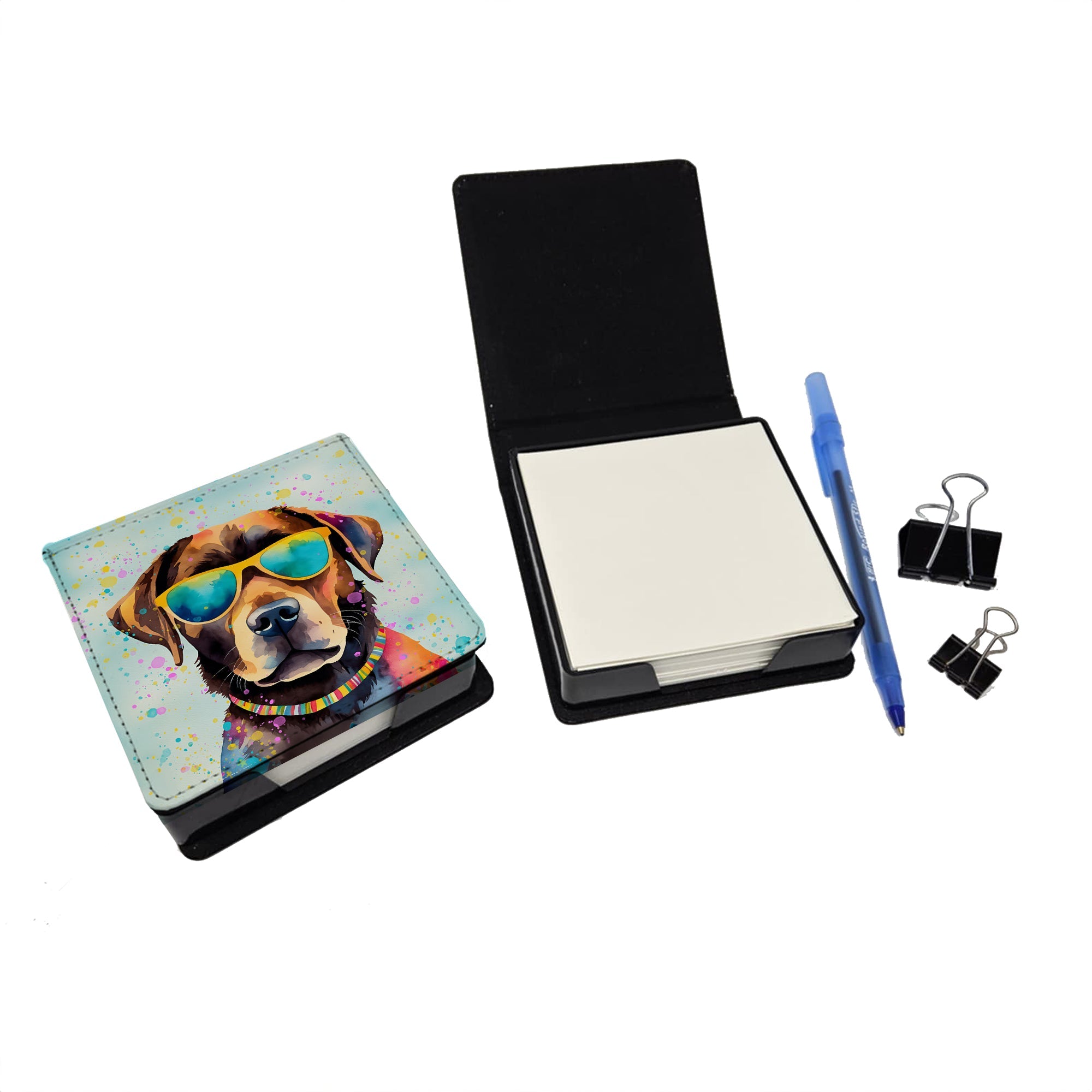 Chocolate Labrador Hippie Dawg PU Leather Note Paper Holder with Artist-Designed Cover, Desk Accessory, Office Gift