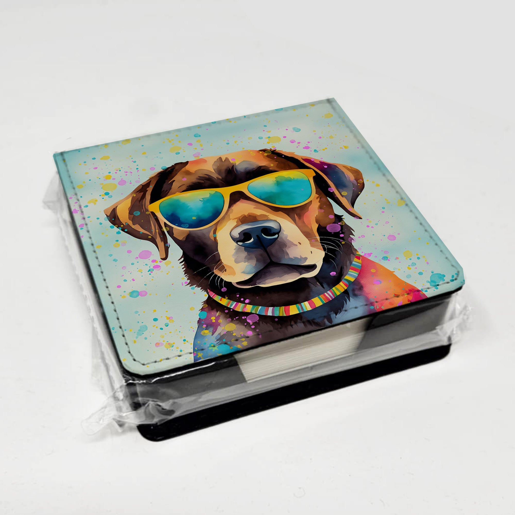 Chocolate Labrador Hippie Dawg PU Leather Note Paper Holder with Artist-Designed Cover, Desk Accessory, Office Gift