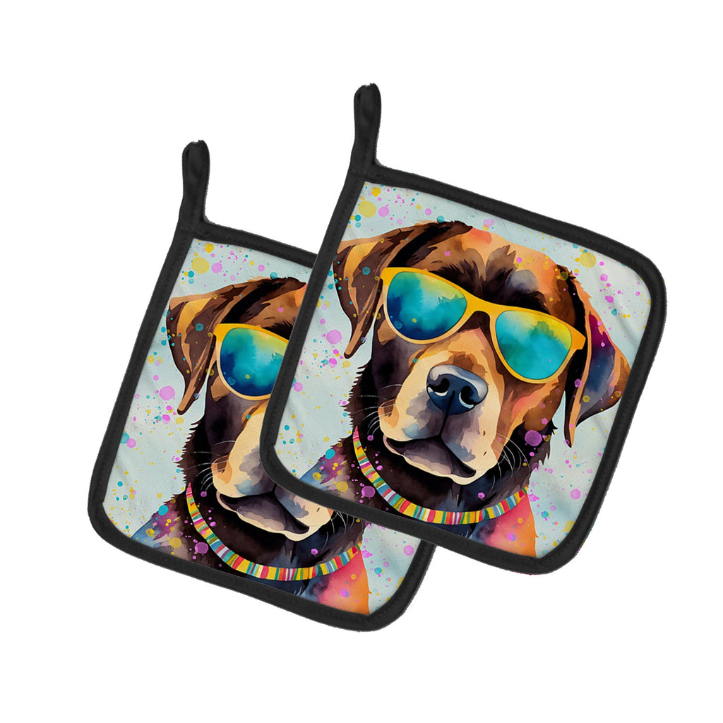 Chocolate Labrador Hippie Dawg Pot Holder Set of 2 Heat Resistant Quilted Hot Pads 7.5 x 7.5 Inch, Insulated Kitchen Trivets for Cooking & Baking