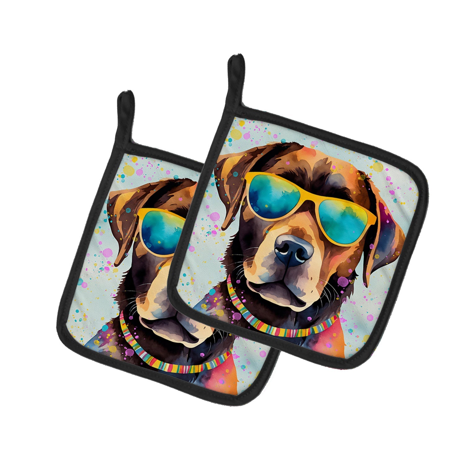 Chocolate Labrador Hippie Dawg Pot Holder Set of 2 Heat Resistant Quilted Hot Pads 7.5 x 7.5 Inch, Insulated Kitchen Trivets for Cooking & Baking