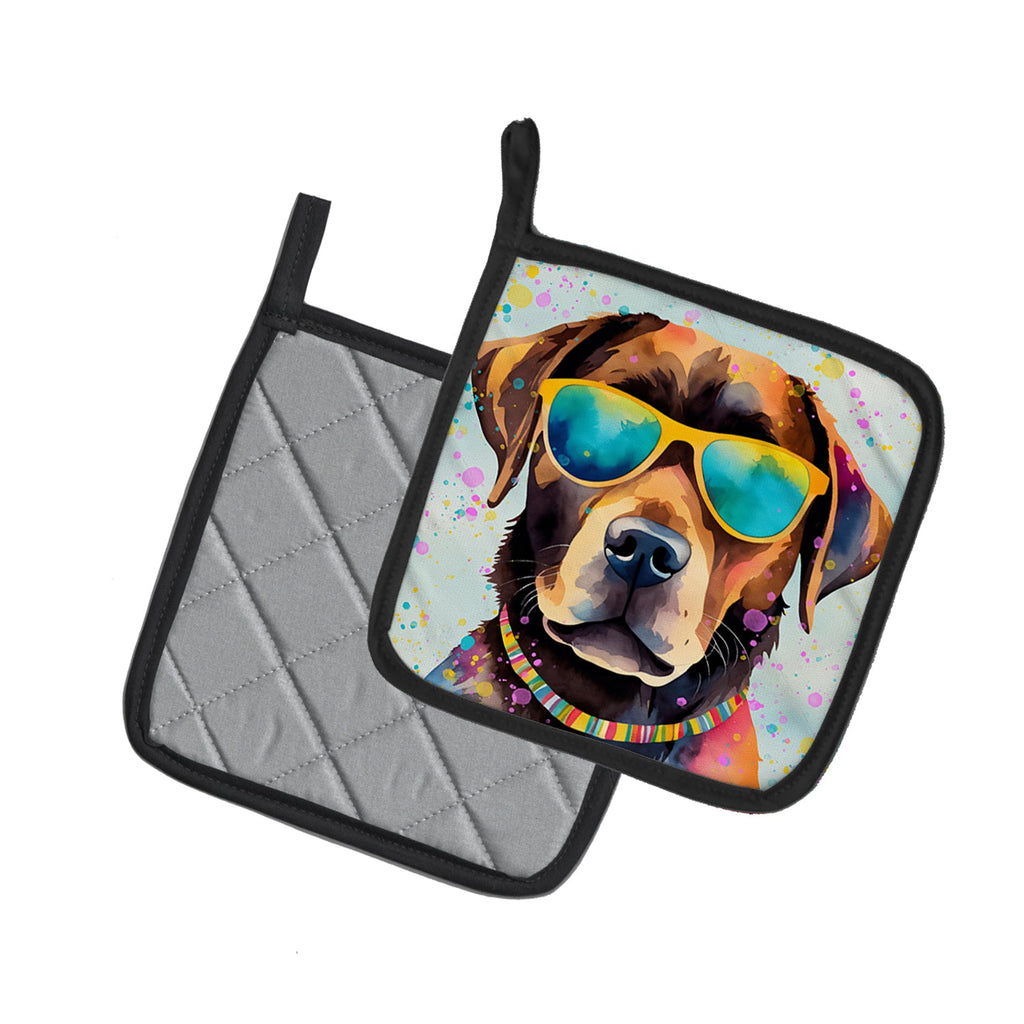 Chocolate Labrador Hippie Dawg Pot Holder Set of 2 Heat Resistant Quilted Hot Pads 7.5 x 7.5 Inch, Insulated Kitchen Trivets for Cooking & Baking