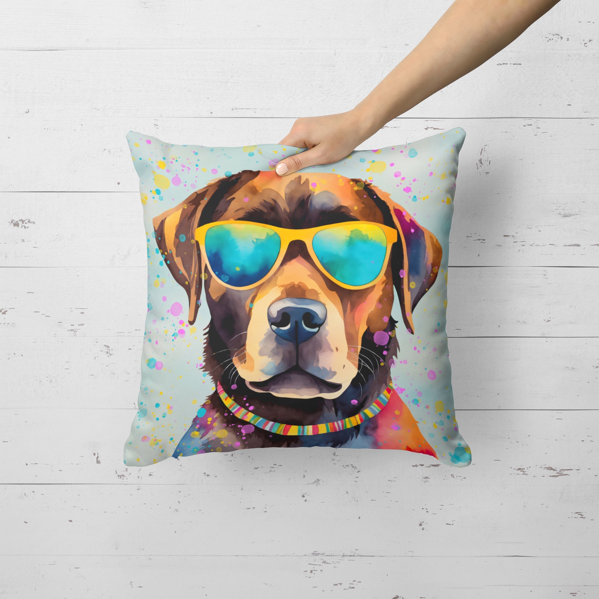 Chocolate Labrador Hippie Dawg Decorative Throw Pillow 18x18 Indoor Outdoor Accent Cushion, Fabric Cover with Insert for Sofa, Bed, Porch & Living Room