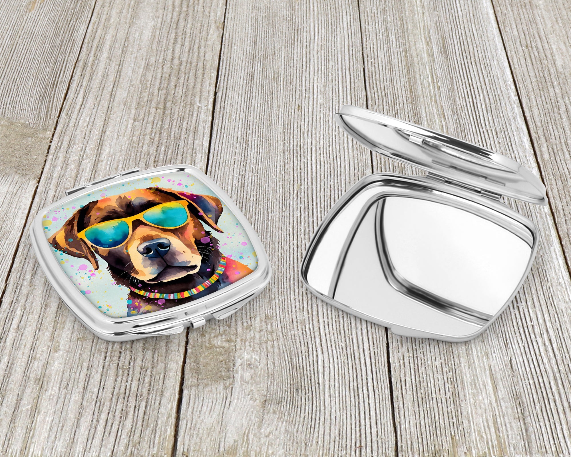 Chocolate Labrador Hippie Dawg Compact Mirror Decorative Travel Makeup Mirror for Women Girls Gifts Pocket Makeup Mirror Folding Handheld