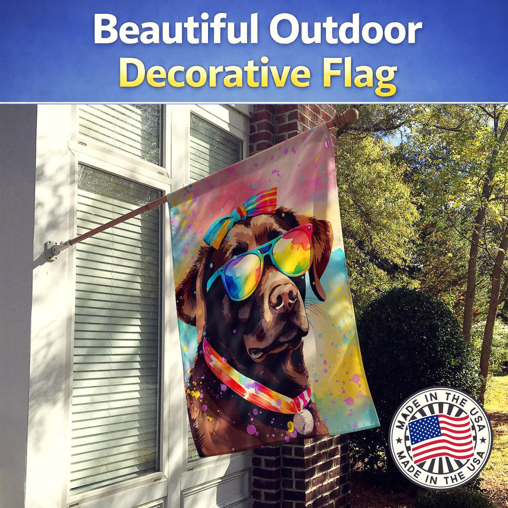 Chocolate Labrador Hippie Dawg House Flag 28x40 Porch Sleeve Pole Decorative Outside Yard Banner Artwork Wall Hanging, Polyester