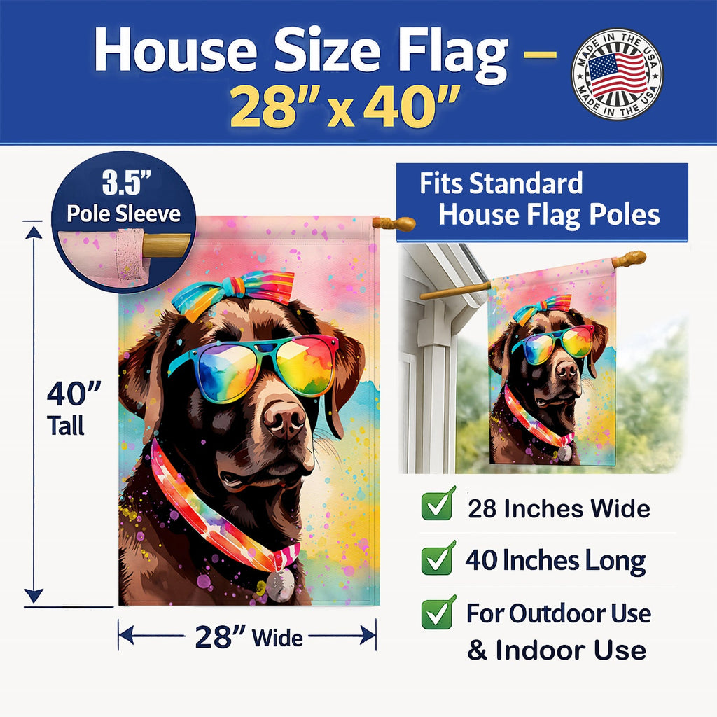 Chocolate Labrador Hippie Dawg House Flag 28x40 Porch Sleeve Pole Decorative Outside Yard Banner Artwork Wall Hanging, Polyester