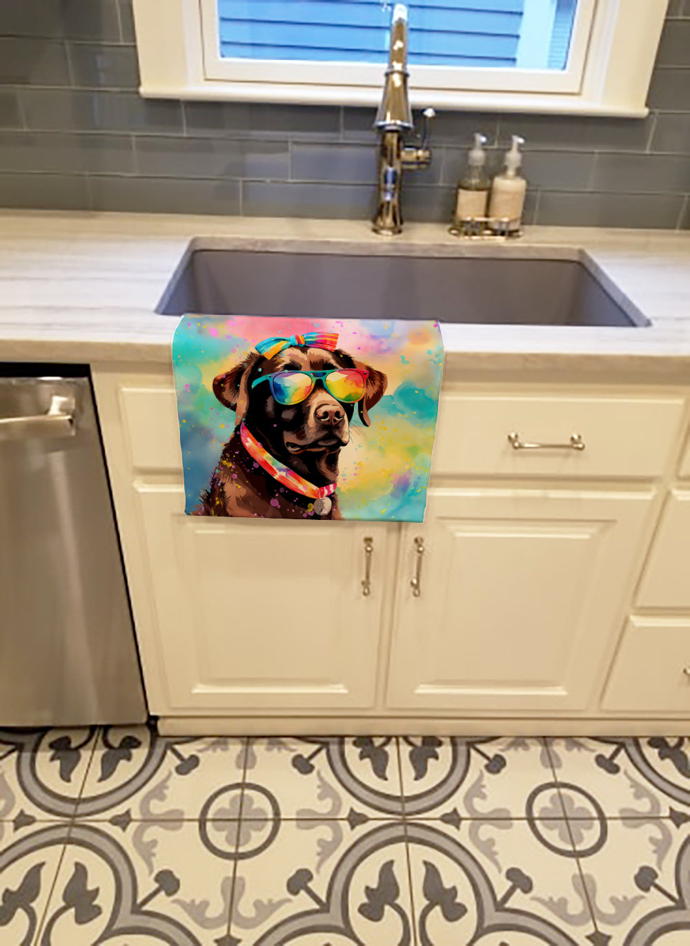 Chocolate Labrador Hippie Dawg Kitchen Towel Velour Plush Front and Cotton Loop Back Machine Washable