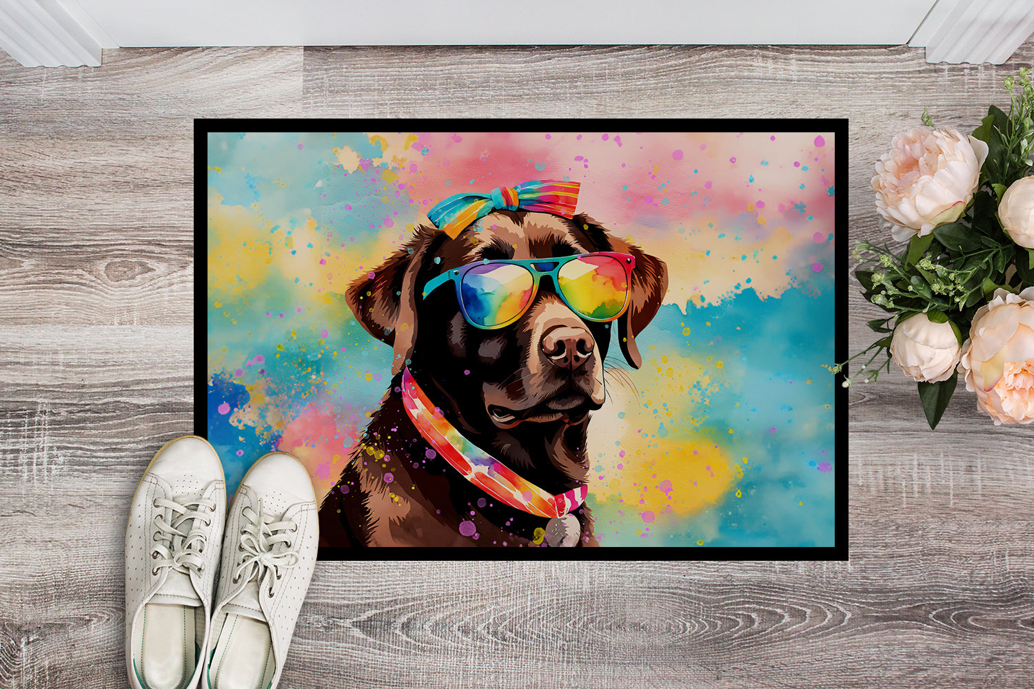 Chocolate Labrador Hippie Dawg Doormat Indoor Outdoor 18H X 27W Front Door Mat Rugs for Entryway, Non Slip Washable