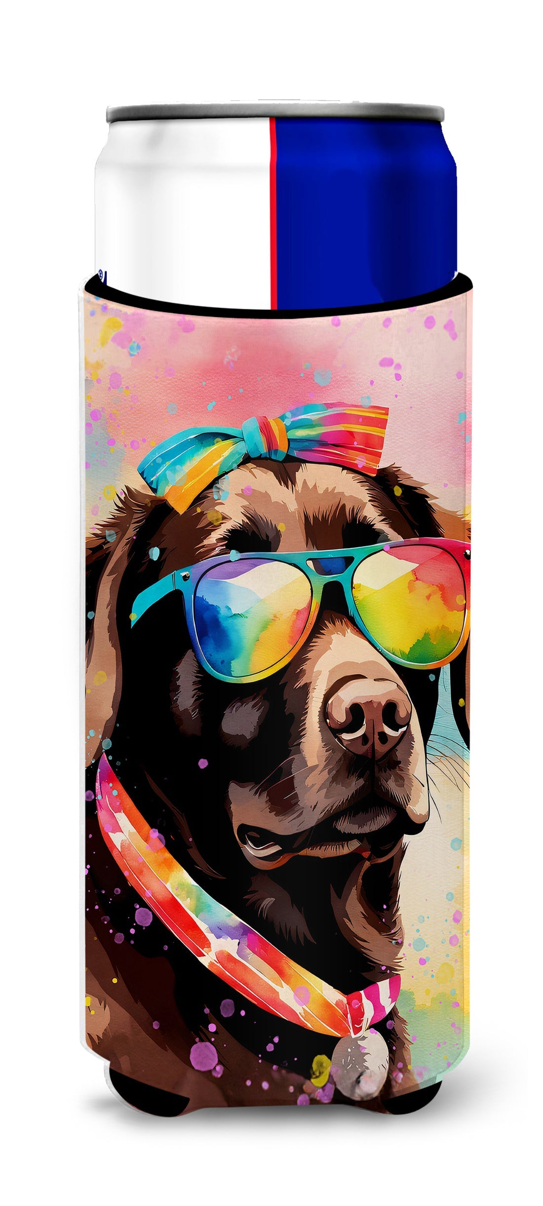 Chocolate Labrador Hippie Dawg Slim Can Hugger , Insulated Foam Hugger for 12 oz Slim Cans, Beer Bottles & Water Bottles, Printed in USA