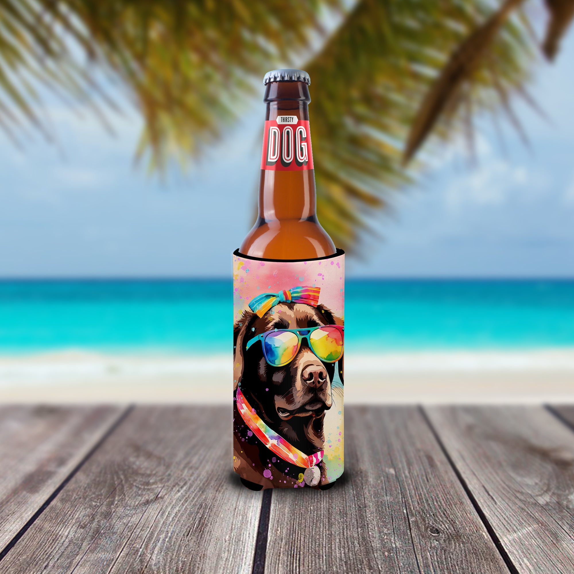 Chocolate Labrador Hippie Dawg Slim Can Hugger , Insulated Foam Hugger for 12 oz Slim Cans, Beer Bottles & Water Bottles, Printed in USA