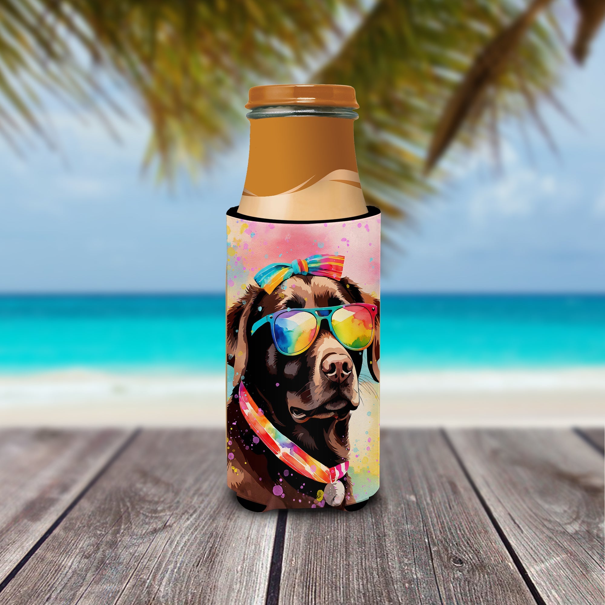 Chocolate Labrador Hippie Dawg Slim Can Hugger , Insulated Foam Hugger for 12 oz Slim Cans, Beer Bottles & Water Bottles, Printed in USA