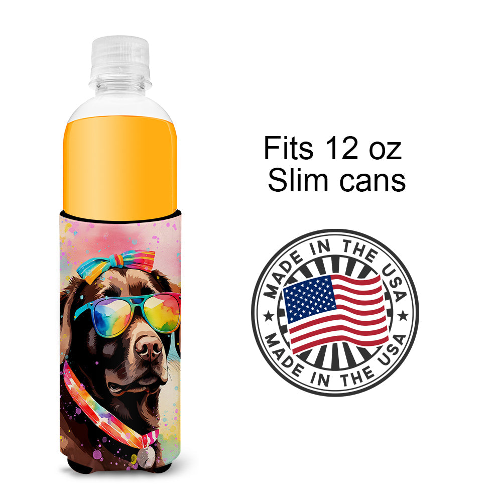 Chocolate Labrador Hippie Dawg Slim Can Hugger , Insulated Foam Hugger for 12 oz Slim Cans, Beer Bottles & Water Bottles, Printed in USA