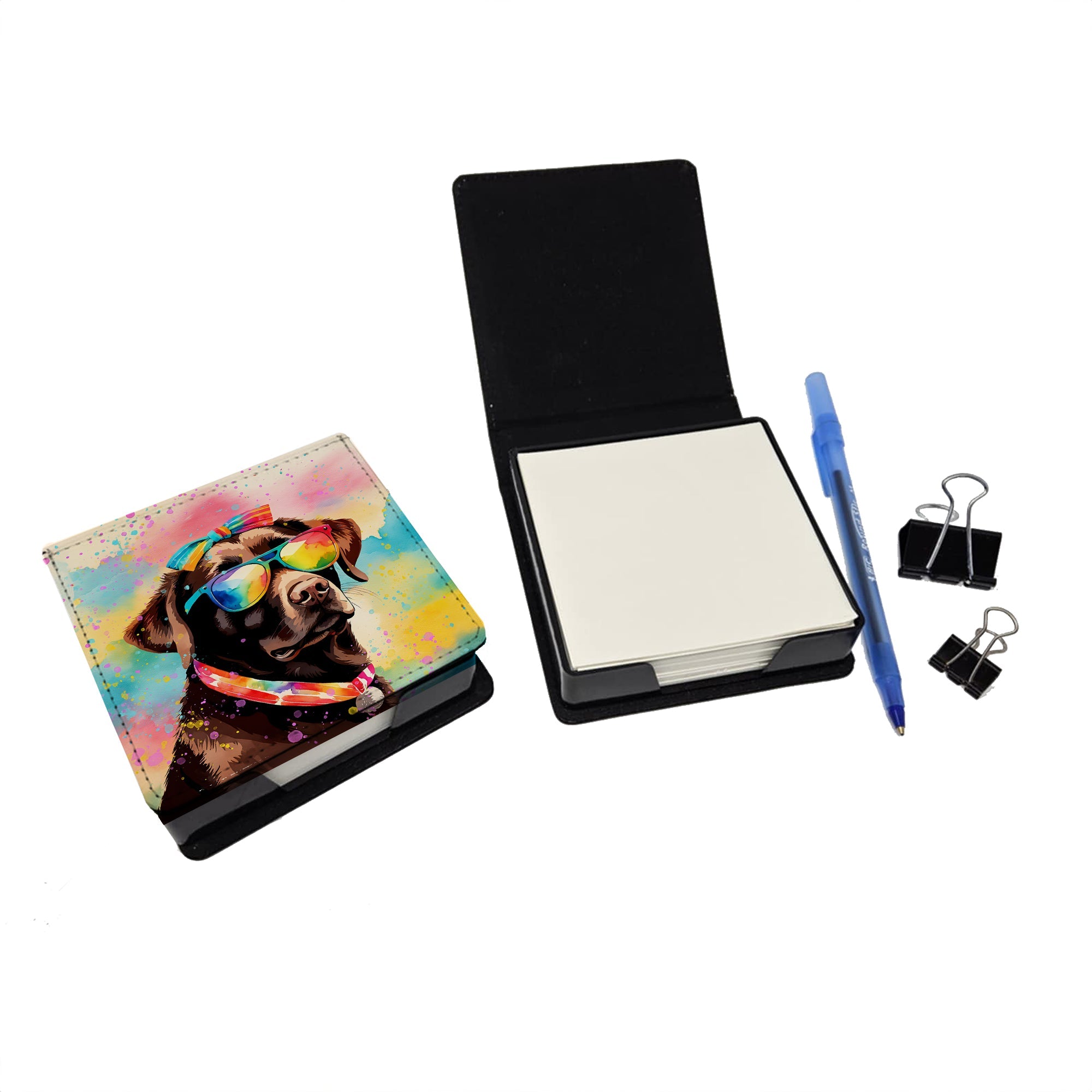 Chocolate Labrador Hippie Dawg PU Leather Note Paper Holder with Artist-Designed Cover, Desk Accessory, Office Gift