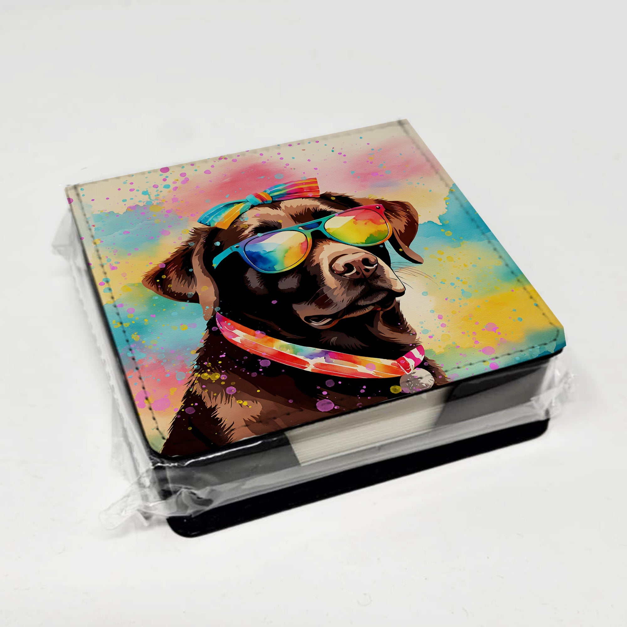 Chocolate Labrador Hippie Dawg PU Leather Note Paper Holder with Artist-Designed Cover, Desk Accessory, Office Gift