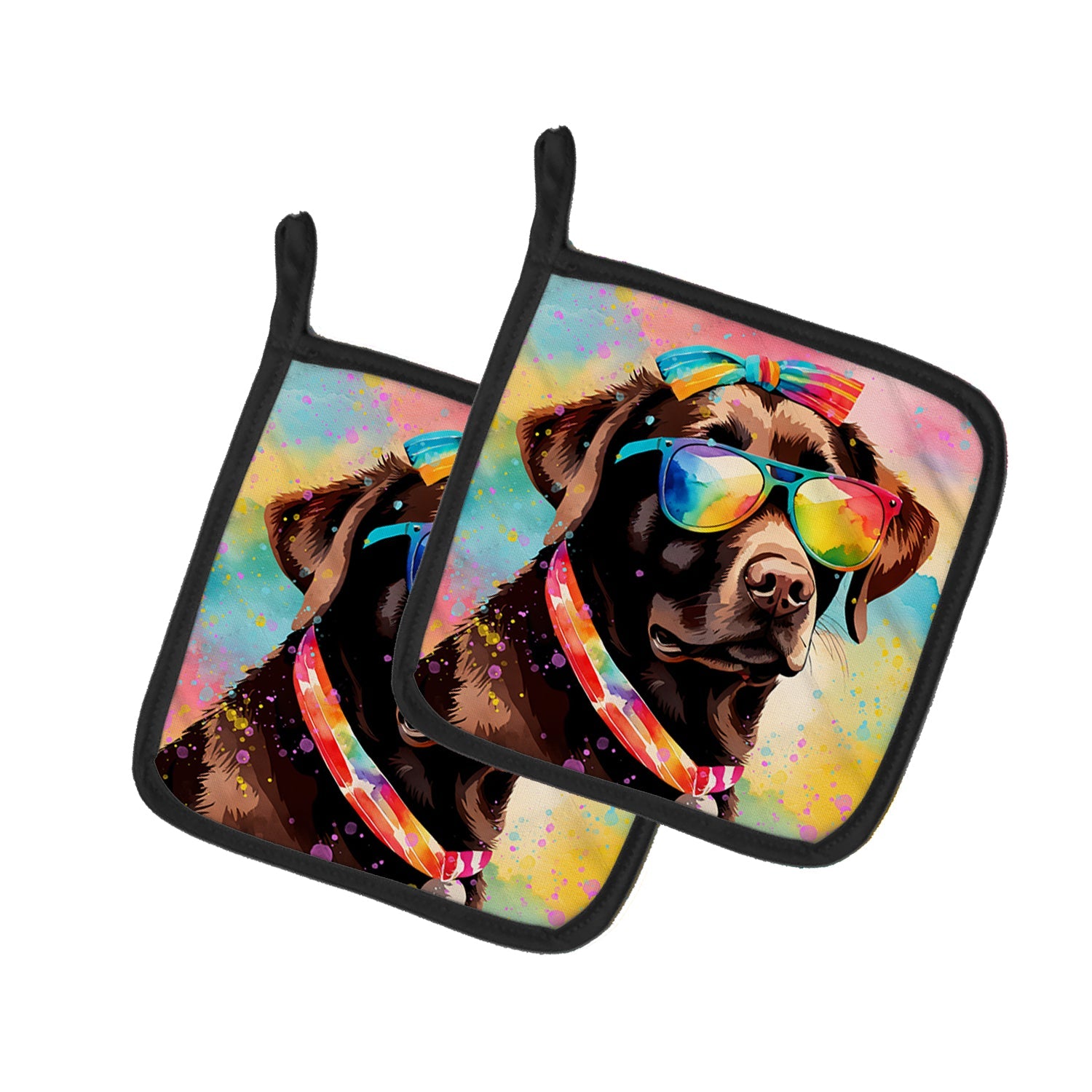 Chocolate Labrador Hippie Dawg Pot Holder Set of 2 Heat Resistant Quilted Hot Pads 7.5 x 7.5 Inch, Insulated Kitchen Trivets for Cooking & Baking