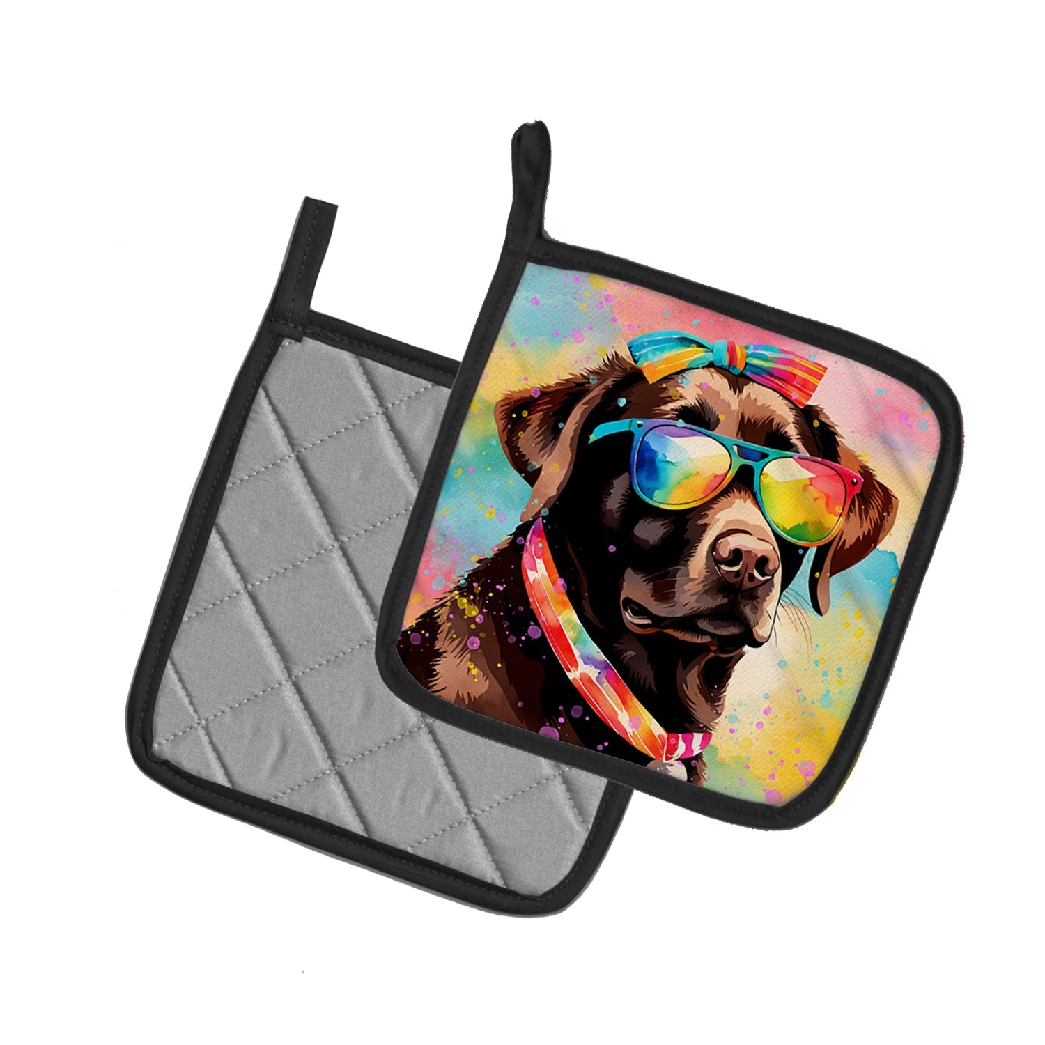 Chocolate Labrador Hippie Dawg Pot Holder Set of 2 Heat Resistant Quilted Hot Pads 7.5 x 7.5 Inch, Insulated Kitchen Trivets for Cooking & Baking
