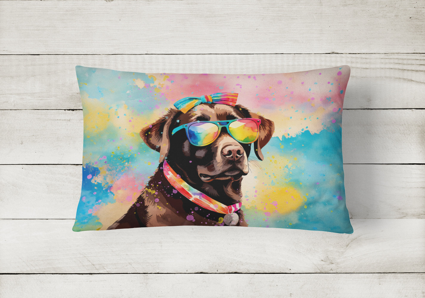 Chocolate Labrador Hippie Dawg Decorative Throw Pillow 12x16 Indoor Outdoor Accent Cushion, Fabric Cover with Insert for Sofa, Bed, Porch & Living Room