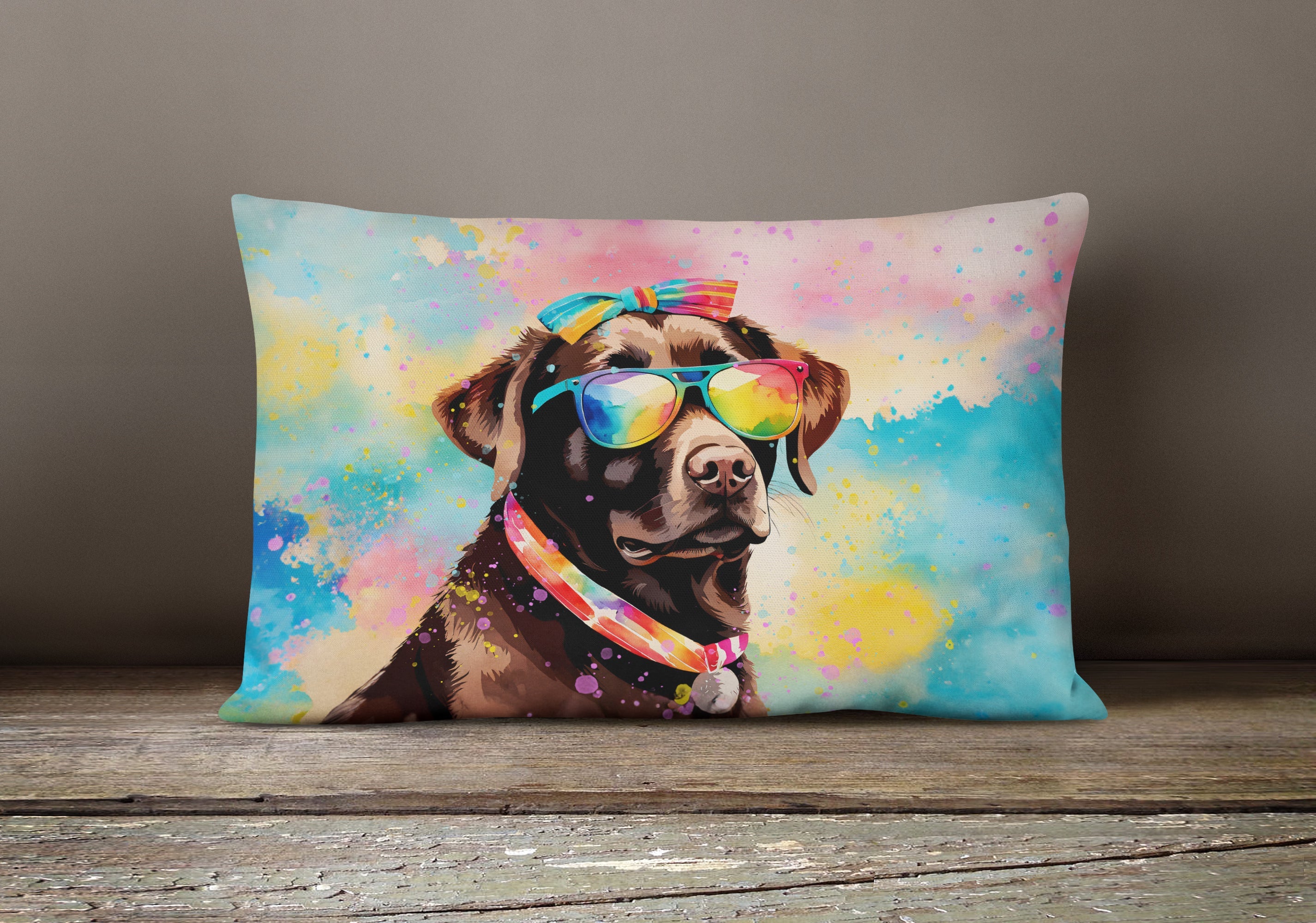 Chocolate Labrador Hippie Dawg Decorative Throw Pillow 12x16 Indoor Outdoor Accent Cushion, Fabric Cover with Insert for Sofa, Bed, Porch & Living Room