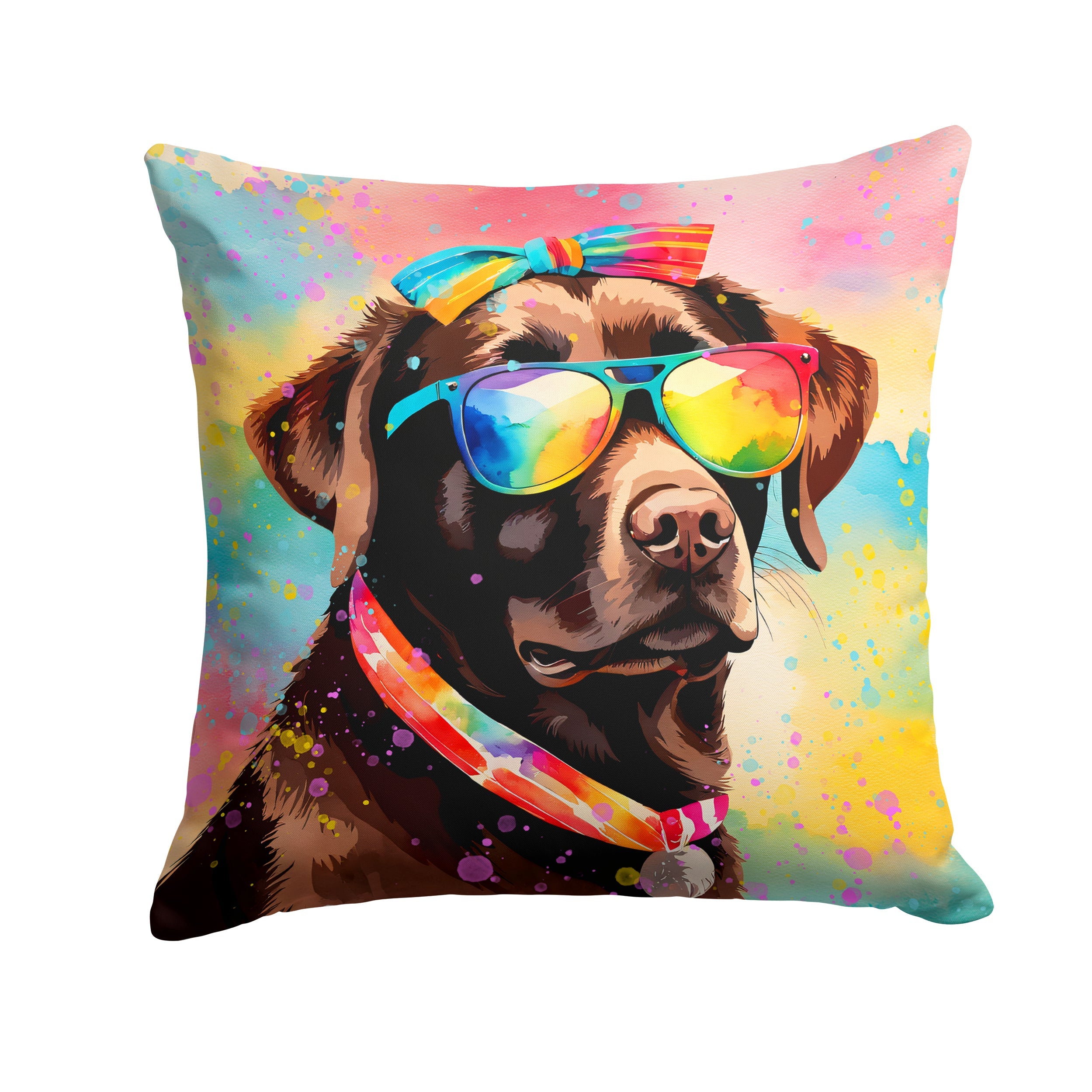 Chocolate Labrador Hippie Dawg Decorative Throw Pillow 14x14 Indoor Outdoor Accent Cushion, Fabric Cover with Insert for Sofa, Bed, Porch & Living Room