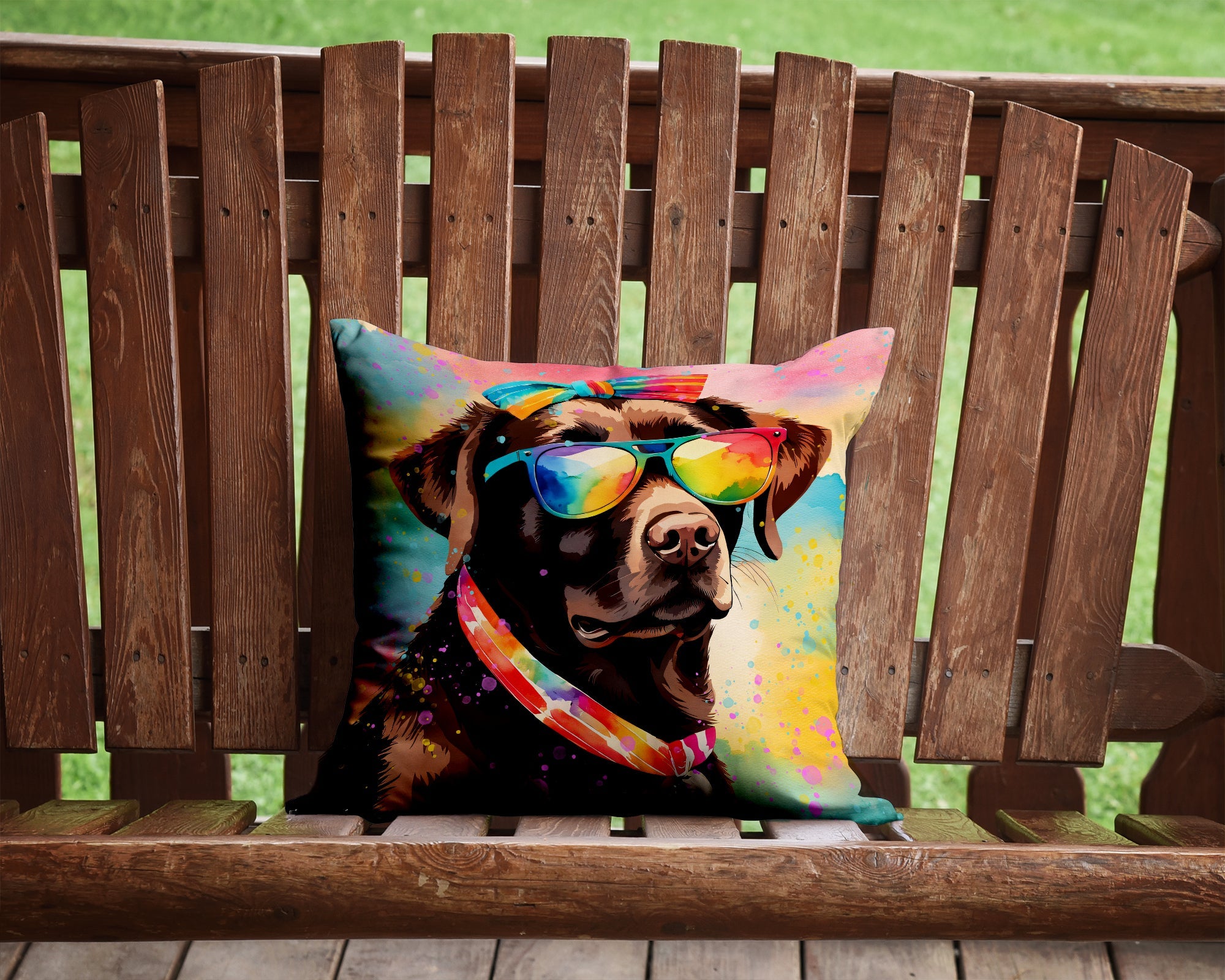 Chocolate Labrador Hippie Dawg Decorative Throw Pillow 14x14 Indoor Outdoor Accent Cushion, Fabric Cover with Insert for Sofa, Bed, Porch & Living Room