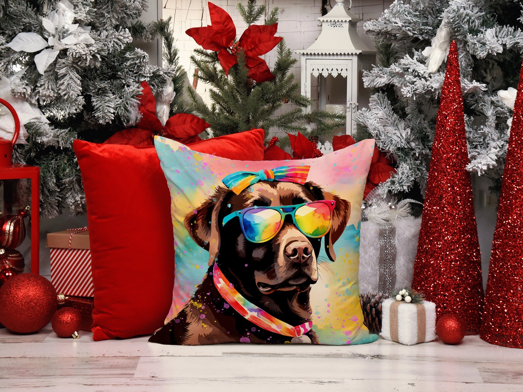 Chocolate Labrador Hippie Dawg Decorative Throw Pillow 18x18 Indoor Outdoor Accent Cushion, Fabric Cover with Insert for Sofa, Bed, Porch & Living Room