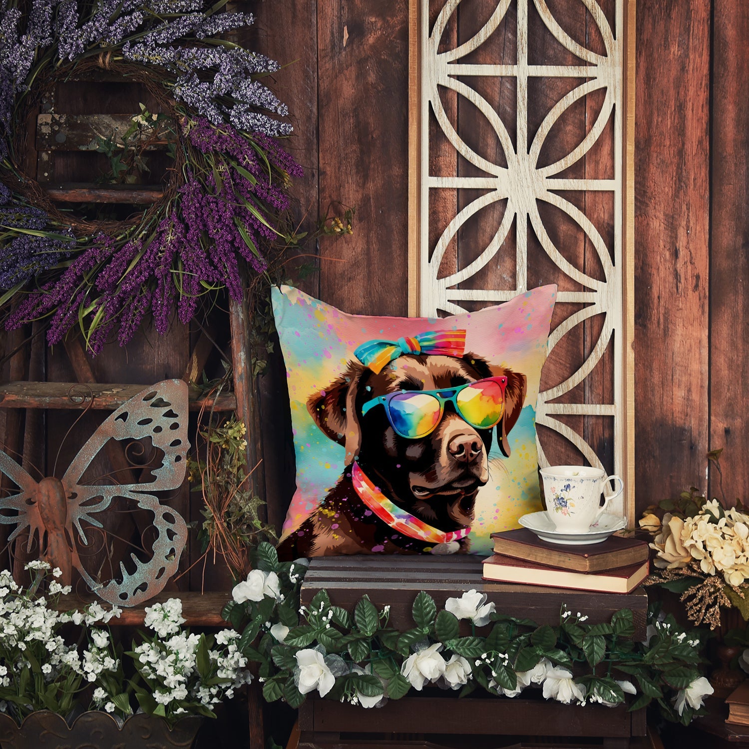 Chocolate Labrador Hippie Dawg Decorative Throw Pillow 18x18 Indoor Outdoor Accent Cushion, Fabric Cover with Insert for Sofa, Bed, Porch & Living Room