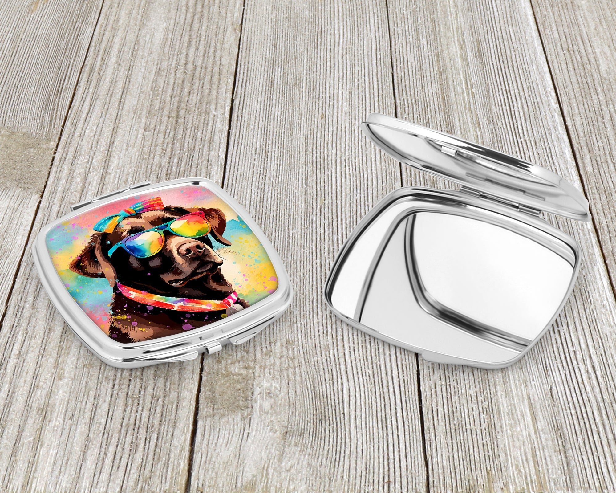 Chocolate Labrador Hippie Dawg Compact Mirror Decorative Travel Makeup Mirror for Women Girls Gifts Pocket Makeup Mirror Folding Handheld