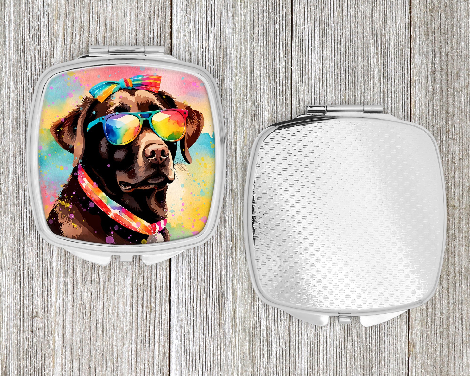 Chocolate Labrador Hippie Dawg Compact Mirror Decorative Travel Makeup Mirror for Women Girls Gifts Pocket Makeup Mirror Folding Handheld