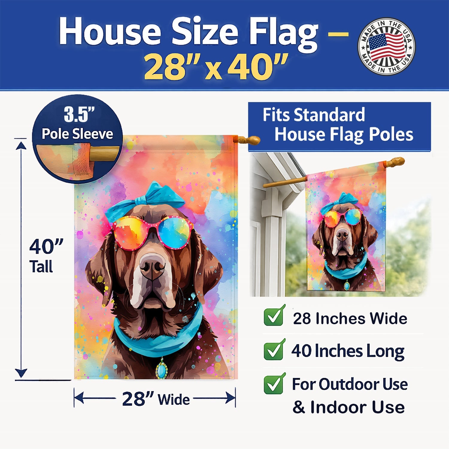 Chocolate Labrador Hippie Dawg House Flag 28x40 Porch Sleeve Pole Decorative Outside Yard Banner Artwork Wall Hanging, Polyester