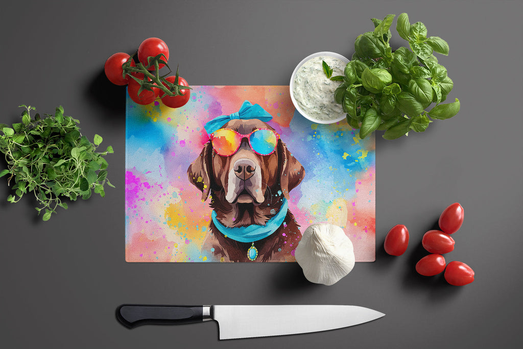 Chocolate Labrador Hippie Dawg Cutting Board Tempered Glass Kitchen Cutting Surface, Heat Resistant Chopping, Non-Slip Feet, Food Prep & Serving