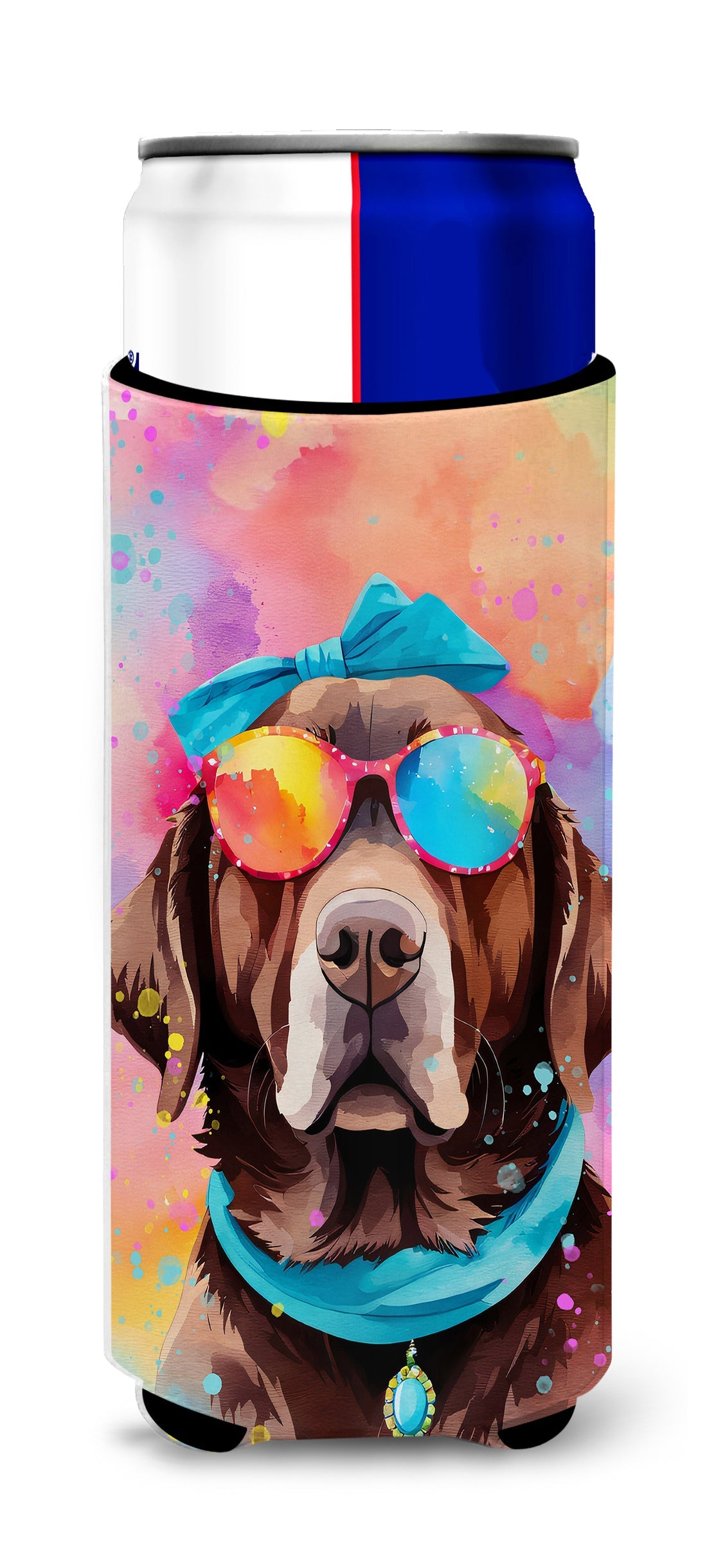 Chocolate Labrador Hippie Dawg Slim Can Hugger , Insulated Foam Hugger for 12 oz Slim Cans, Beer Bottles & Water Bottles, Printed in USA