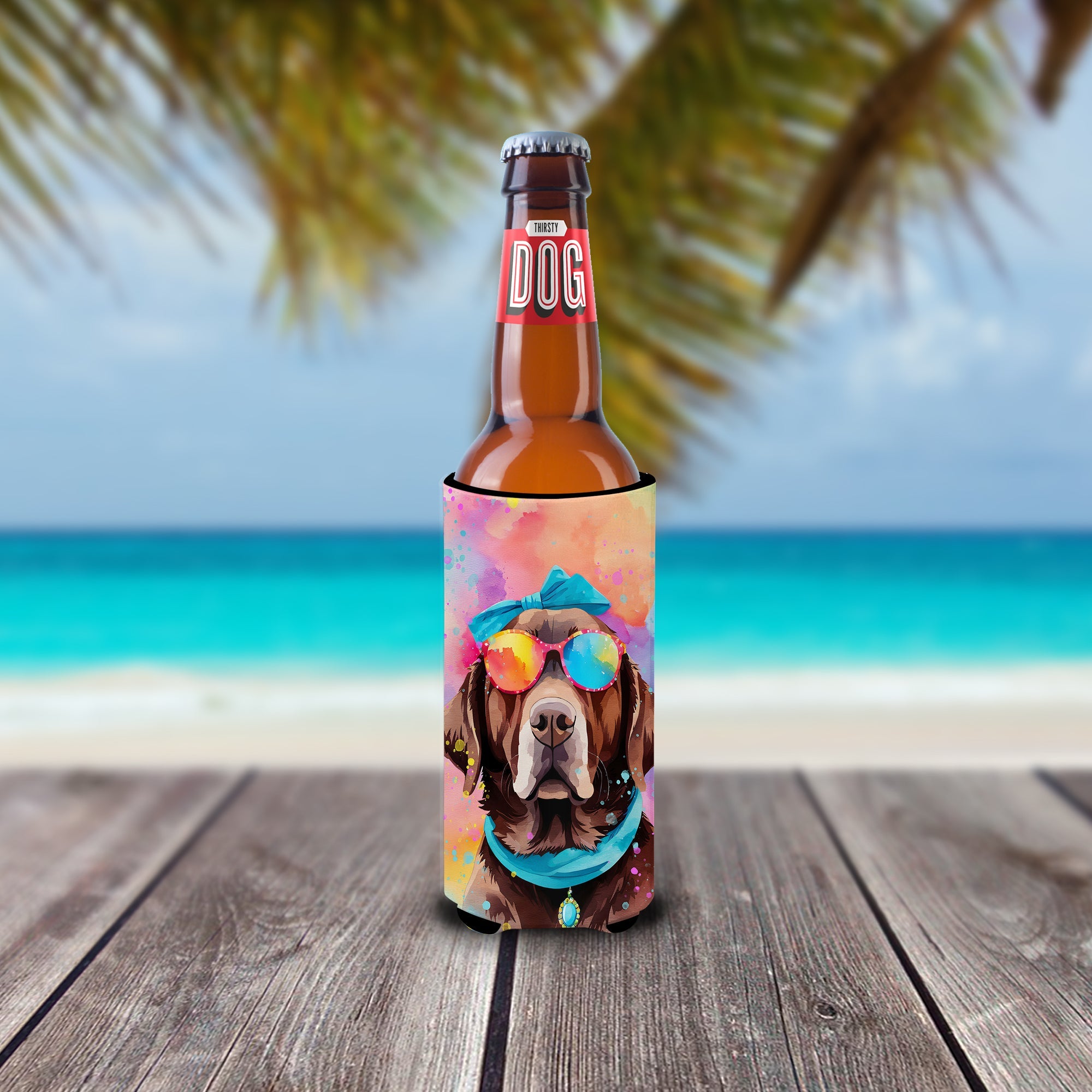 Chocolate Labrador Hippie Dawg Slim Can Hugger , Insulated Foam Hugger for 12 oz Slim Cans, Beer Bottles & Water Bottles, Printed in USA