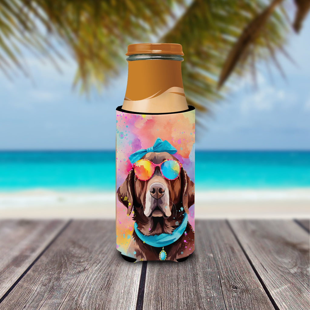 Chocolate Labrador Hippie Dawg Slim Can Hugger , Insulated Foam Hugger for 12 oz Slim Cans, Beer Bottles & Water Bottles, Printed in USA