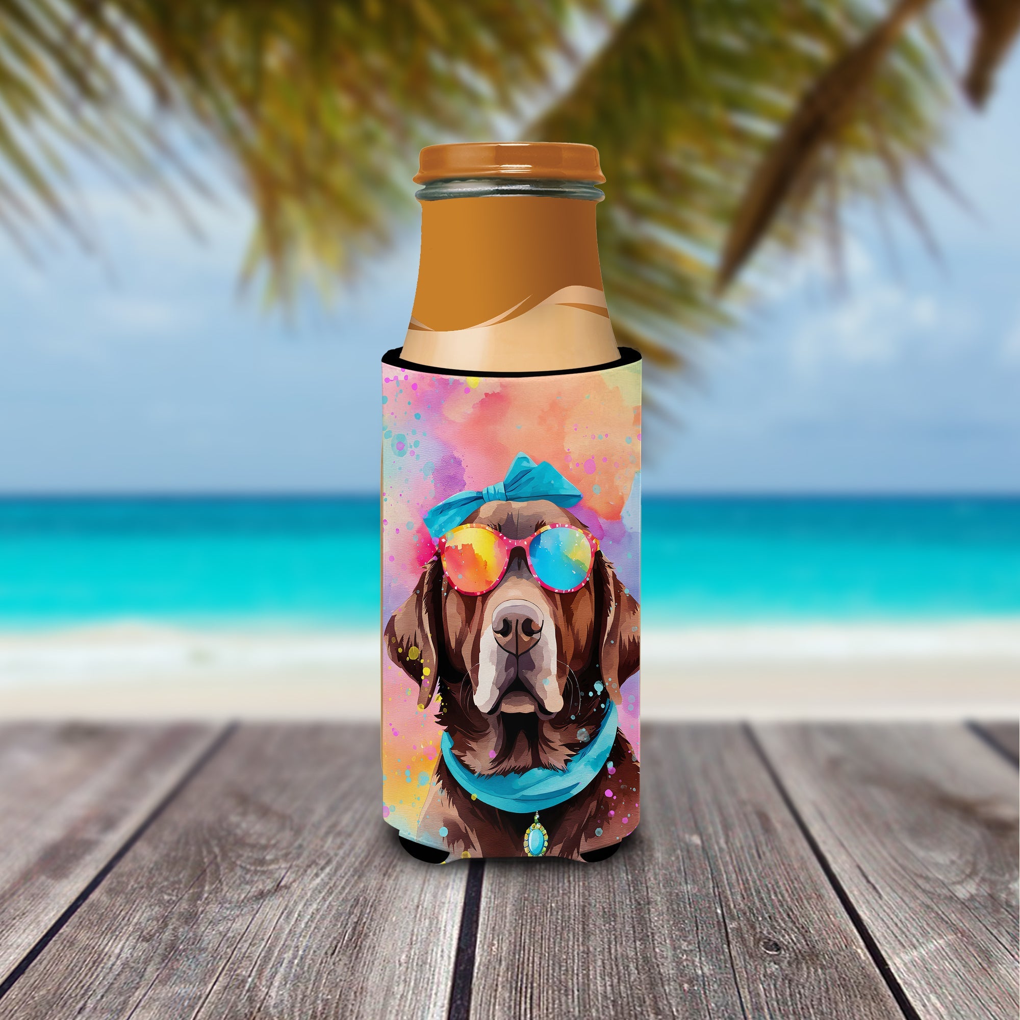 Chocolate Labrador Hippie Dawg Slim Can Hugger , Insulated Foam Hugger for 12 oz Slim Cans, Beer Bottles & Water Bottles, Printed in USA