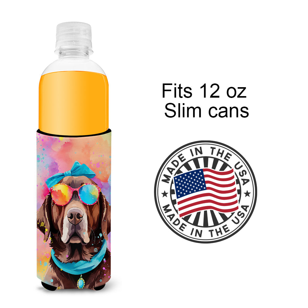 Chocolate Labrador Hippie Dawg Slim Can Hugger , Insulated Foam Hugger for 12 oz Slim Cans, Beer Bottles & Water Bottles, Printed in USA