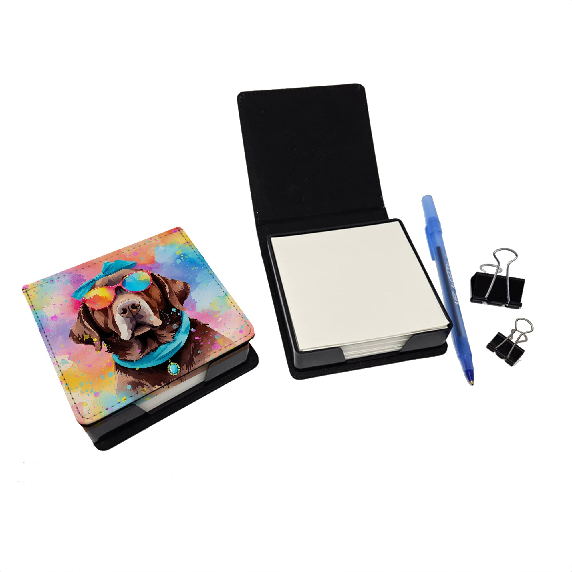 Chocolate Labrador Hippie Dawg PU Leather Note Paper Holder with Artist-Designed Cover, Desk Accessory, Office Gift