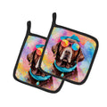 Chocolate Labrador Hippie Dawg Pot Holder Set of 2 Heat Resistant Quilted Hot Pads 7.5 x 7.5 Inch, Insulated Kitchen Trivets for Cooking & Baking