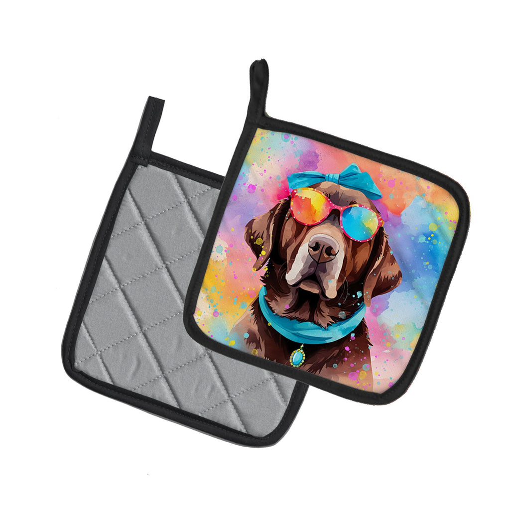 Chocolate Labrador Hippie Dawg Pot Holder Set of 2 Heat Resistant Quilted Hot Pads 7.5 x 7.5 Inch, Insulated Kitchen Trivets for Cooking & Baking