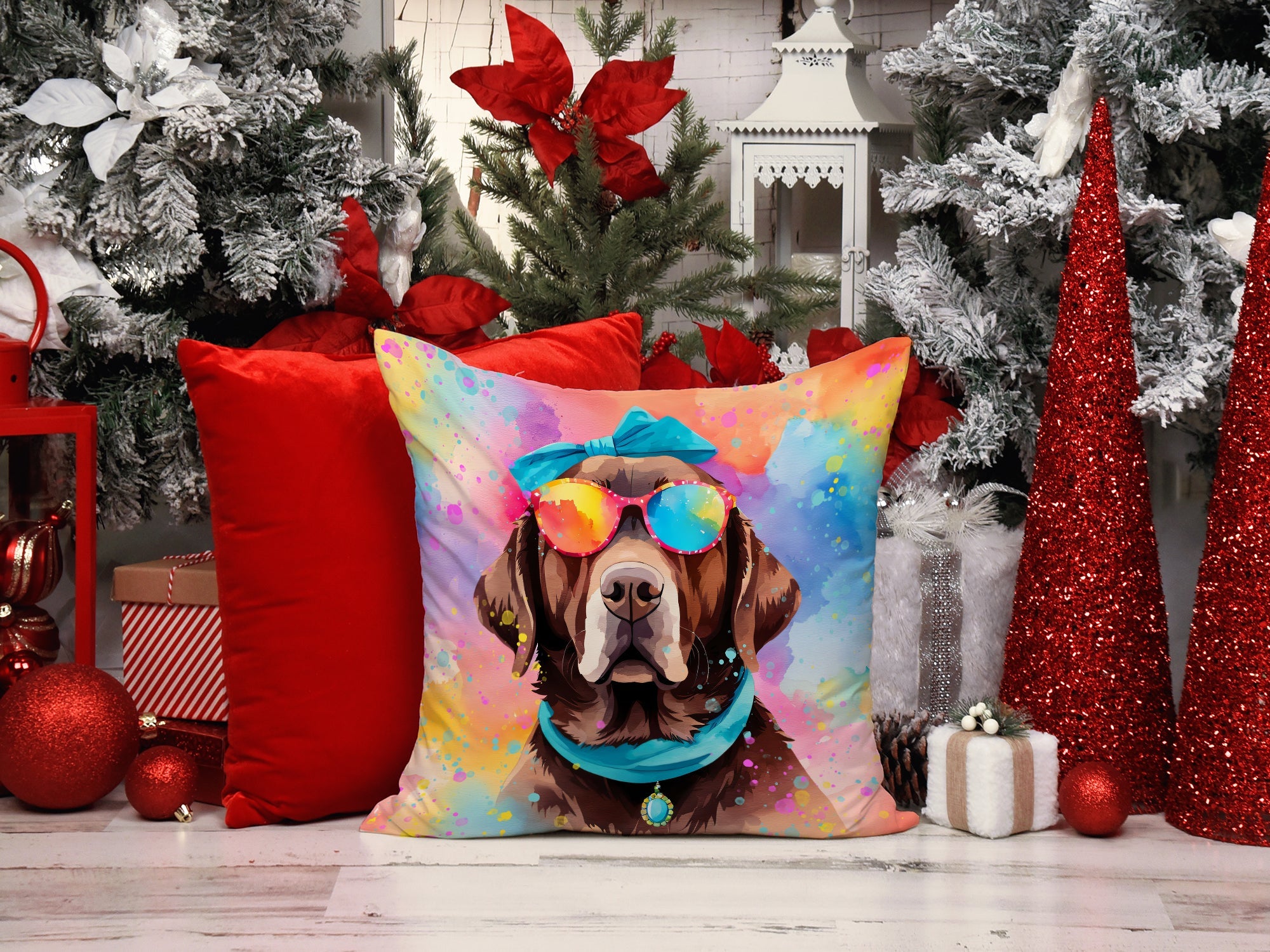 Chocolate Labrador Hippie Dawg Decorative Throw Pillow 14x14 Indoor Outdoor Accent Cushion, Fabric Cover with Insert for Sofa, Bed, Porch & Living Room