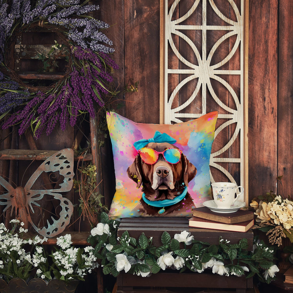 Chocolate Labrador Hippie Dawg Decorative Throw Pillow 14x14 Indoor Outdoor Accent Cushion, Fabric Cover with Insert for Sofa, Bed, Porch & Living Room