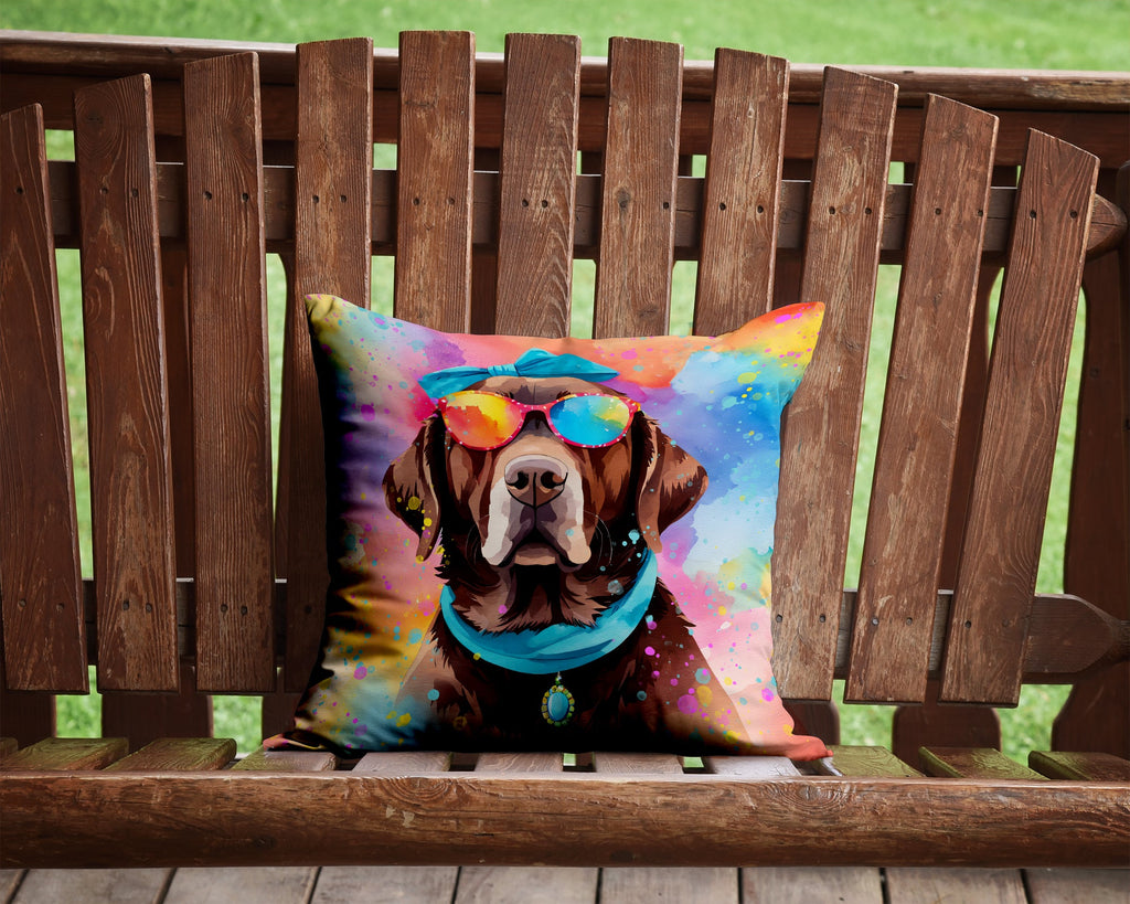 Chocolate Labrador Hippie Dawg Decorative Throw Pillow 14x14 Indoor Outdoor Accent Cushion, Fabric Cover with Insert for Sofa, Bed, Porch & Living Room